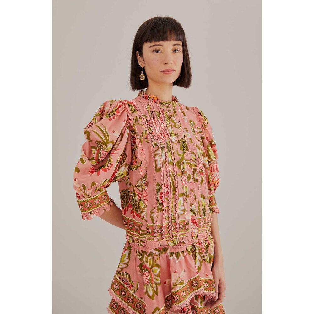 FARM Rio Aura Floral Short-Sleeve High Neck Blouse Top Soft Pink Women's Medium - Picture 4 of 9